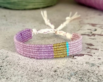 Woven bracelet made of linen - purple - old pink - turquoise - gold