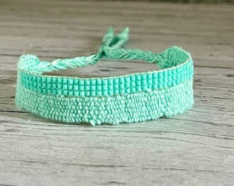 Bracelet en lin tissé - Menthe - Perles Miyuki