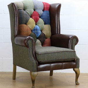 Harris Tweed patchwork chair C001YM dark brown leather red, blue image 1