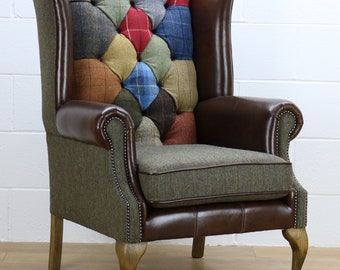 Harris Tweed patchwork chair C001YM dark brown leather (red, blue)