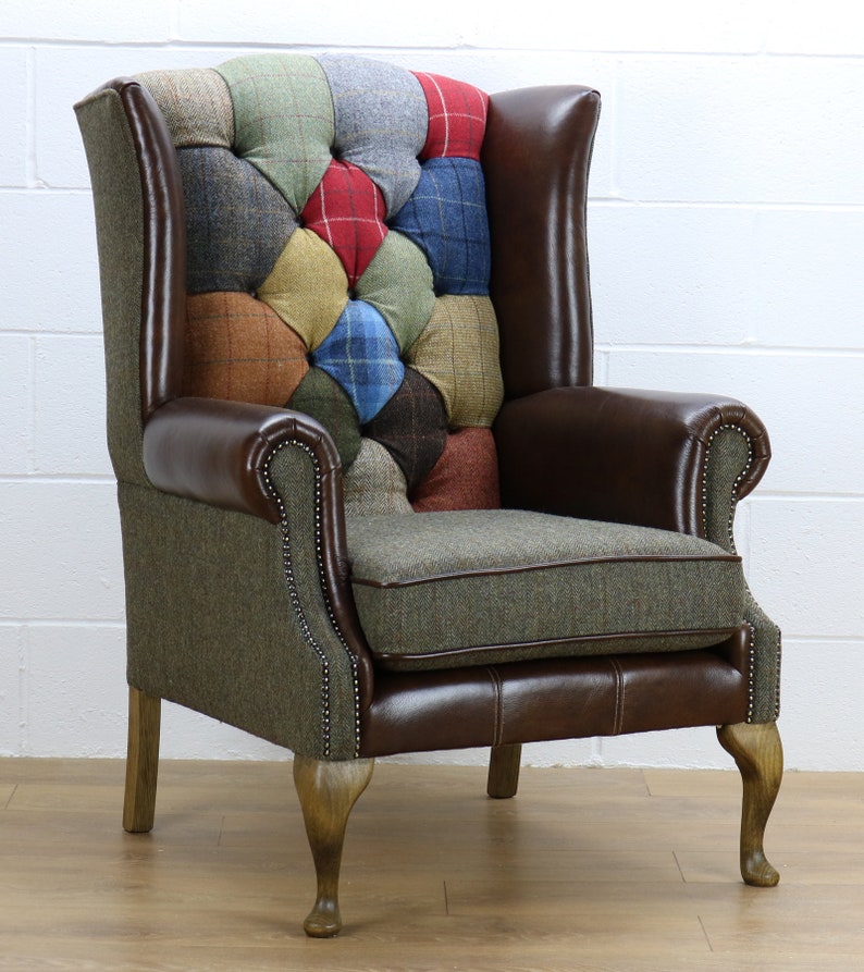 Harris Tweed patchwork chair C001YM dark brown leather red, blue image 1