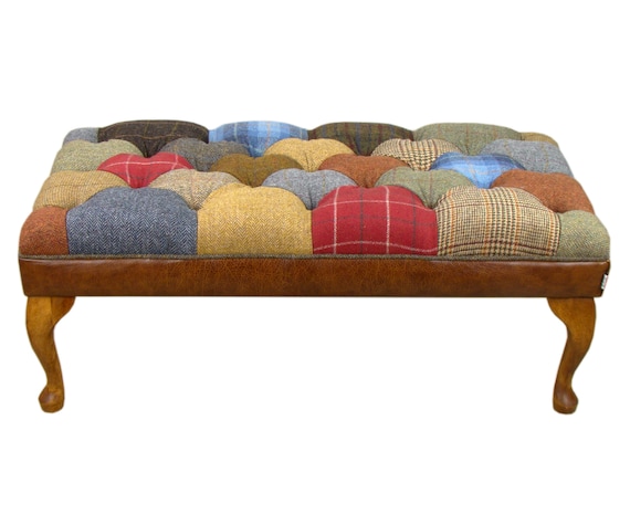 Harris Tweed Patchwork Stool Medium Brown Leather - Etsy