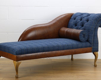 RHF Harris Tweed chaise longue L008W medium brown leather