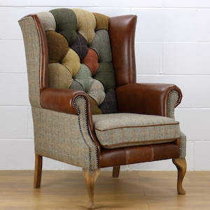 Harris Tweed patchwork chair L002H medium brown leather
