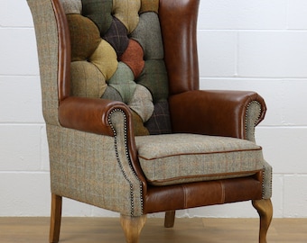 Harris Tweed patchwork chair L002H medium brown leather