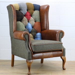 Harris Tweed patchwork chair C001YM medium brown leather (red, blue)