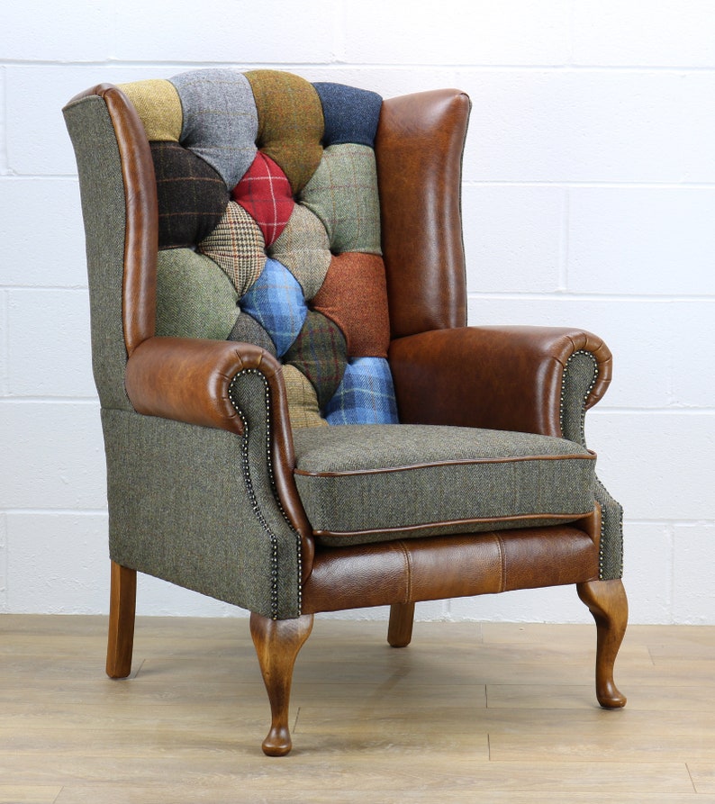 Harris Tweed patchwork chair C001YM medium brown leather red, blue image 1