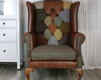 Harris Tweed patchwork chair with head rest leather patches
