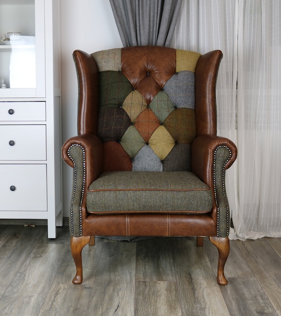 Harris Tweed Patchwork Chair With Head Rest Leather Patches - Etsy