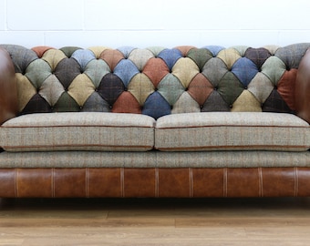 Harris Tweed Chesterfield patchwork sofa L002H medium brown leather