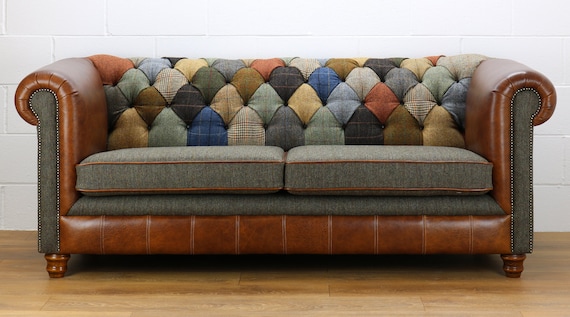 Harris Tweed 3 Seater Chesterfield Patchwork Sofa C001YM Medium Brown Leather Etsy UK