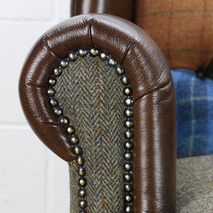 Harris Tweed patchwork chair C001YM dark brown leather red, blue image 2