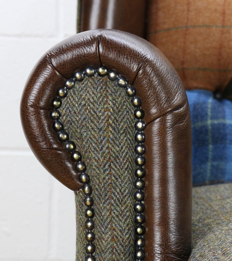 Harris Tweed patchwork chair C001YM dark brown leather red, blue image 2