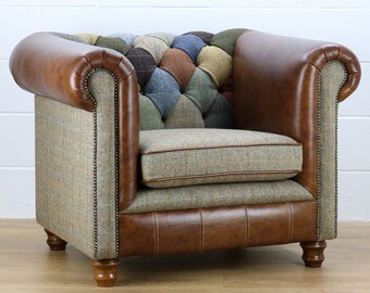 Harris Tweed Chesterfield patchwork armchair L002H medium brown leather