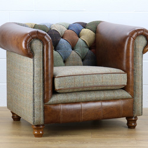 Harris Tweed Chesterfield Patchwork Sofa L002H Medium Brown Etsy UK