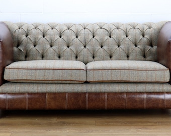 Harris Tweed Chesterfield sofa L002H medium brown leather