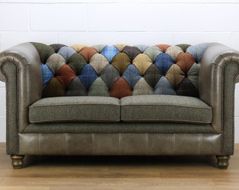 Harris Tweed Chesterfield patchwork sofa C001YM sage grey leather