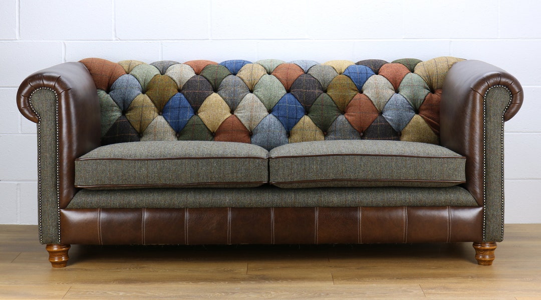 Harris Tweed 3 Seater Chesterfield Patchwork Sofa C001YM Dark Brown ...