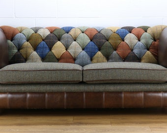 Harris Tweed Chesterfield patchwork sofa C001YM dark brown leather