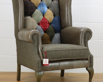 Harris Tweed patchwork chair C001YM sage grey leather (red, blue)