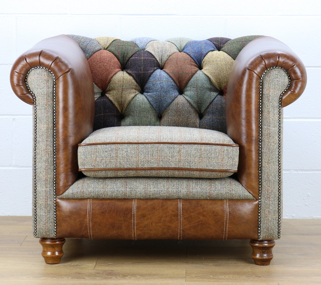 Harris Tweed Chesterfield Patchwork Armchair L002H Medium Brown Leather ...