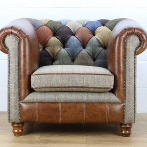Harris Tweed Chesterfield patchwork armchair L002H medium brown leather