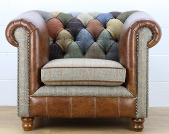 Harris Tweed Chesterfield patchwork armchair L002H medium brown leather