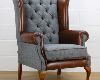 Harris Tweed chair HG02 medium brown leather