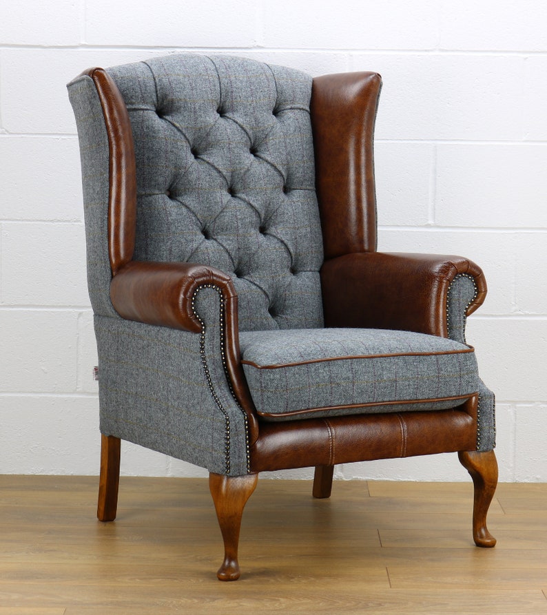 Harris Tweed Chair HG02 Medium Brown Leather Etsy UK