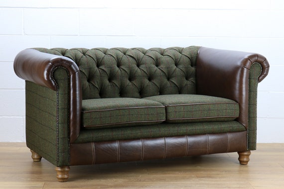 Harris Tweed 2 seater Chesterfield sofa L008R dark brown leather Etsy