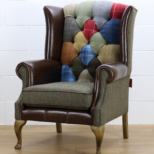 Harris Tweed patchwork chair C001YM dark brown leather red, blue image 3