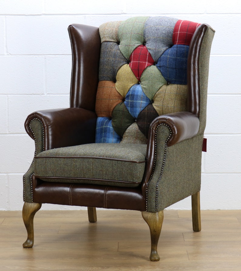 Harris Tweed patchwork chair C001YM dark brown leather red, blue image 3