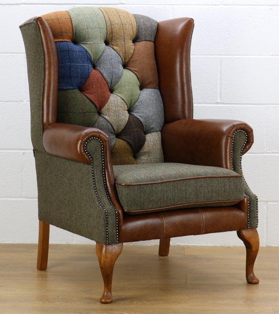 Leather and tweed armchair sales