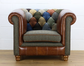 Harris Tweed Chesterfield patchwork armchair C001YM medium brown leather