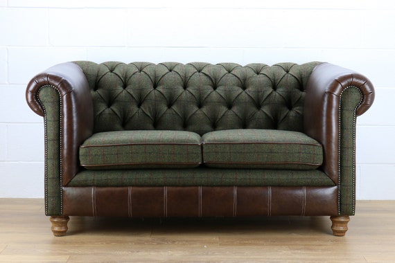 Harris Tweed Chesterfield Sofa L008r Dark Brown Leather Hong Kong Harris Tweed Chesterfield Sofa L008r, Brown Leather Camelback Sofa