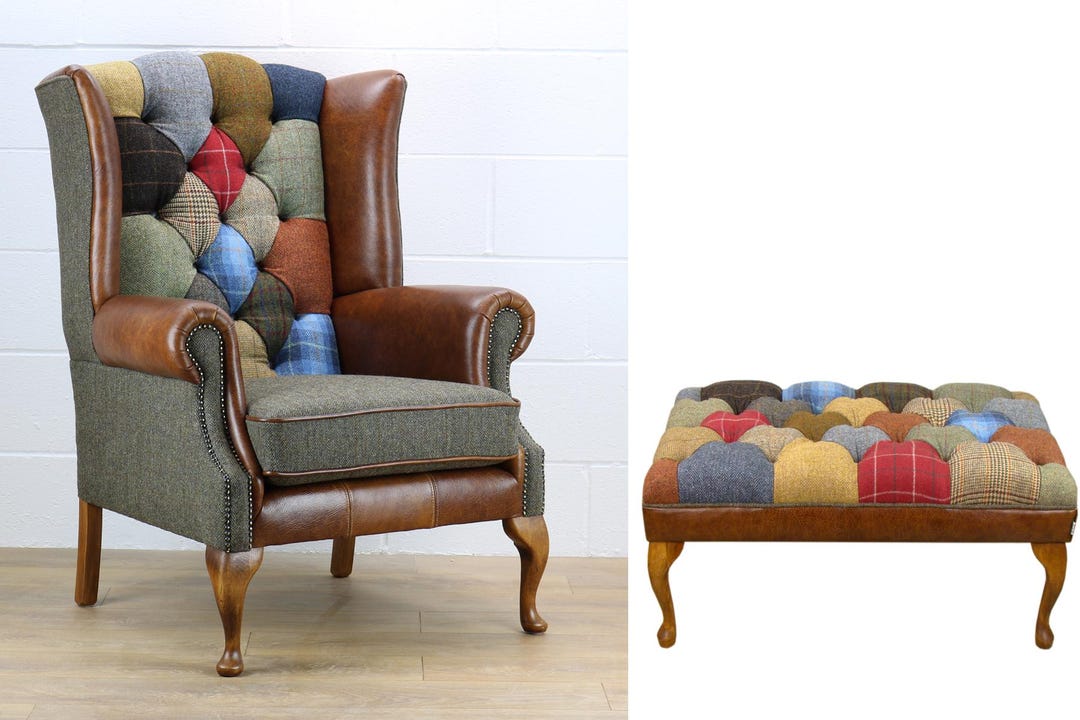 Chair and Stool Set Harris Tweed Patchwork C001YM Medium Brown Leather ...
