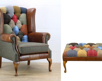 Chair and Stool Set Harris Tweed Patchwork C001YM Medium Brown