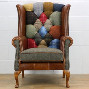 Harris Tweed patchwork chair C001YM medium brown leather red, blue image 2