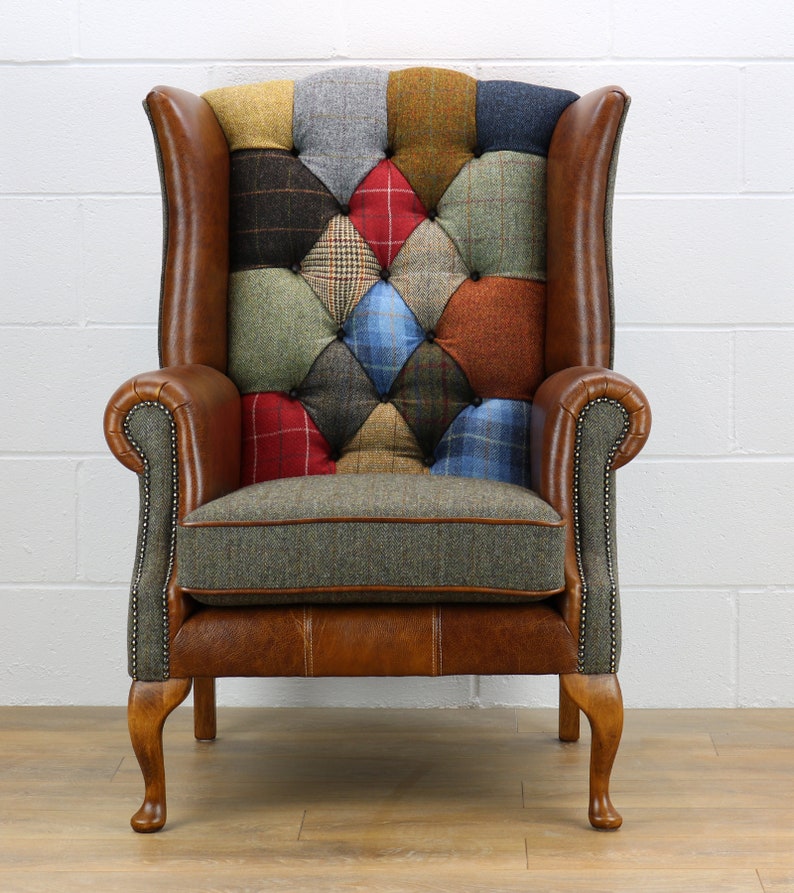 Harris Tweed patchwork chair C001YM medium brown leather red, blue image 2