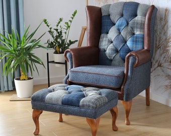 Chair and stool set Harris Tweed HS03 medium brown leather