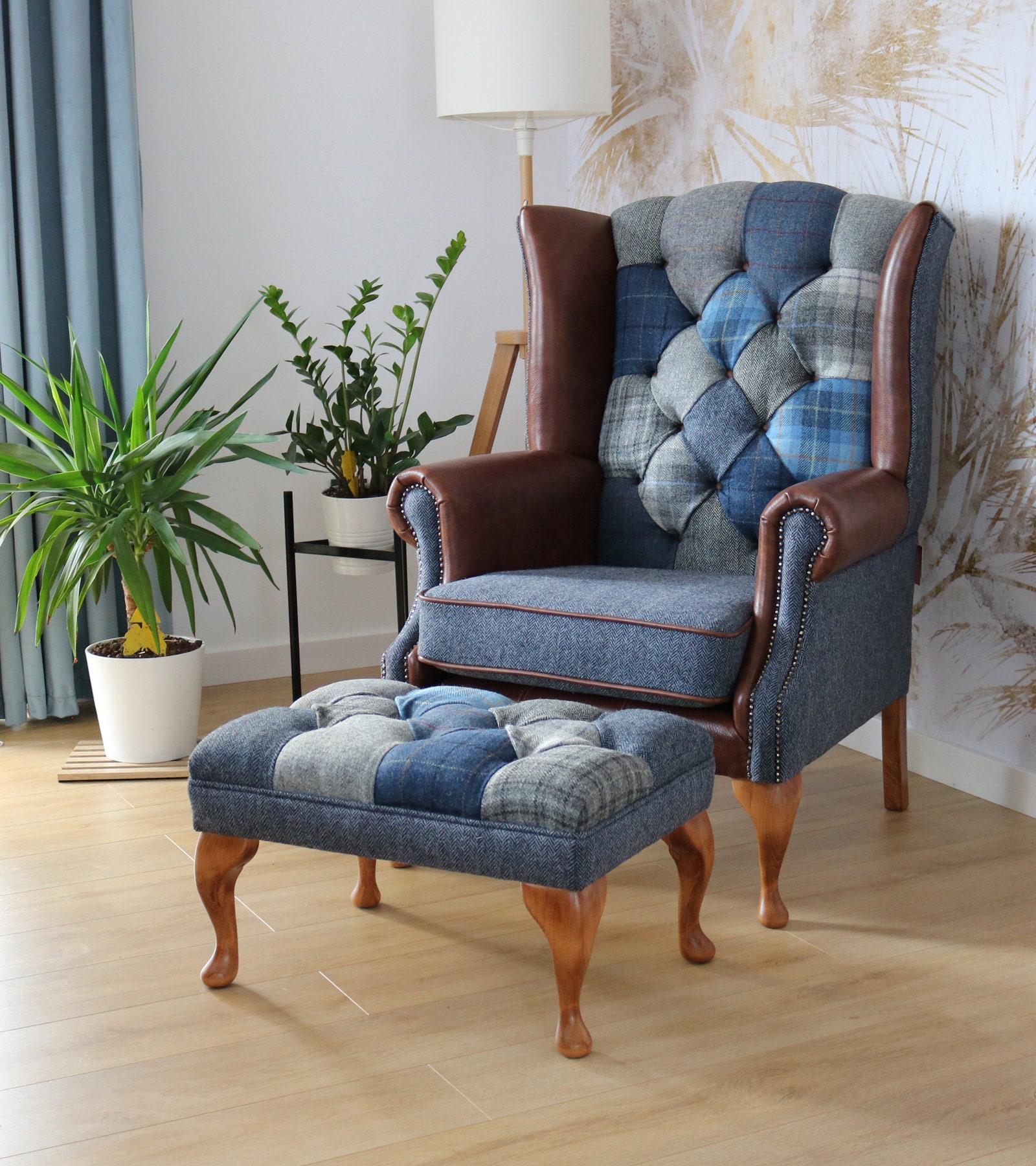Chair and Stool Set Harris Tweed HS03 Medium Brown Leather Etsy