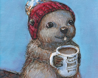 Beaver with Tim Horton's Coffee Mug: Canadian art, vintage-inspired, coffee themed art decor, hand-signed art print