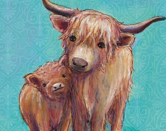 Highland Cow- mom and baby- nursery art print