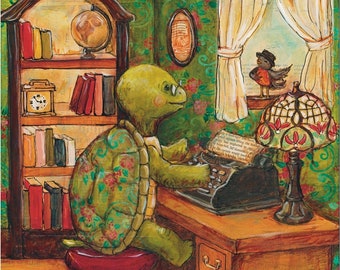 Edward's Study- Turtle and Typewriter Art Print- Whimsical Office Art