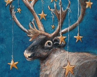 Caribou Reindeer and Stars: Canadian Wildlife decor, navy blue and gold, rustic themed art print for office, kid's room or nursery