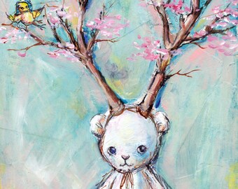 Bear with Antlers: Woodland bear and bird print, Tree Print, Pink Cherry Blossom Bloom Flowers, whimsical nursery art print