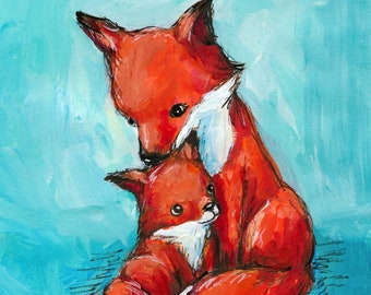 Fox mom and baby Nursery Decor. Kids room decor. Baby Forest Animals. Art print.