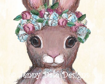 Bunny with Flower Crown: Bunny Nursery Art Print, Woodland Bunny Art, Flower Princess Art Print for Girls