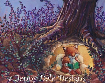 Fox mom and baby Nursery Decor. Moonlit Tree Art. Bedtime stories. Kids room decor. Baby Forest Animals. Art print.