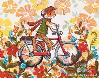 Wesley the Weasel Rides his Bike- Vintage Inspired Art Print- Whimsical Retro Bicycle Art Print